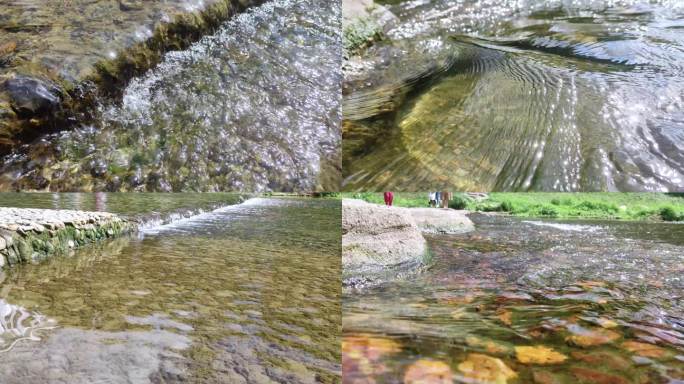 4K水库堤坝溪流青苔鹅卵石水藻绿色可持续
