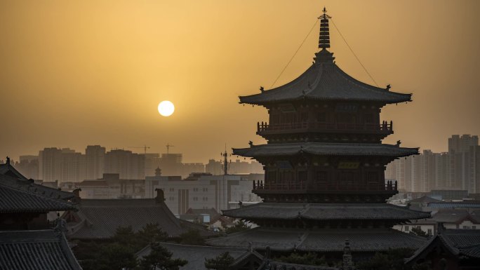 大同市平城区华严寺华严宝塔日出延时