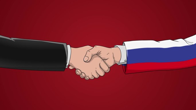 红色背景前的商人与俄罗斯的合作。战争、和平、握手、商业协议、政治、会议、国旗、庆祝、国际友谊关系、外