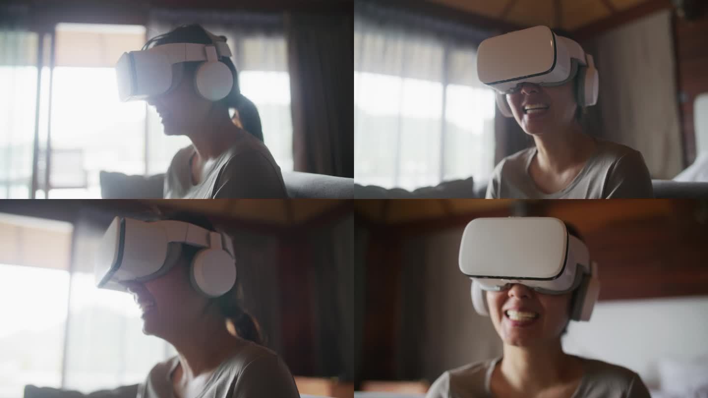 亚洲女性戴着VR眼镜看电影