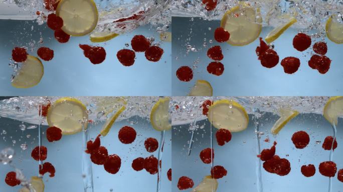 树莓和柠檬撞击水面。水果落水超级慢动作1000fps 4k