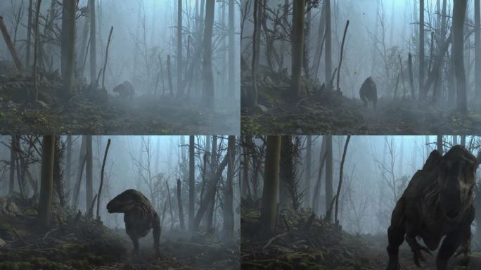 可怕的恐龙剪影在阴森多雾的森林里接近，秋天