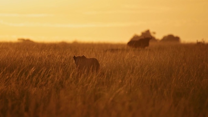 非洲的狮子狩猎，肯尼亚长草大草原的橙色日落中猎杀角马的母狮，马赛马拉野生动物狩猎，在黎明黎明的日出中