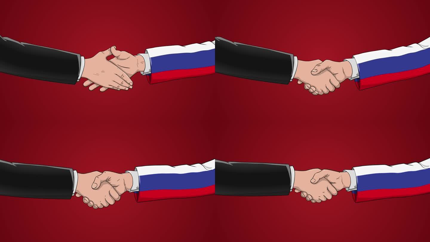 红色背景前的商人与俄罗斯的合作。战争、和平、握手、商业协议、政治、会议、国旗、庆祝、国际友谊关系、外