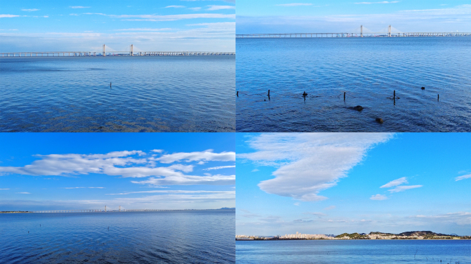 实拍泉州湾大桥海域空镜蓝天碧水海波荡漾