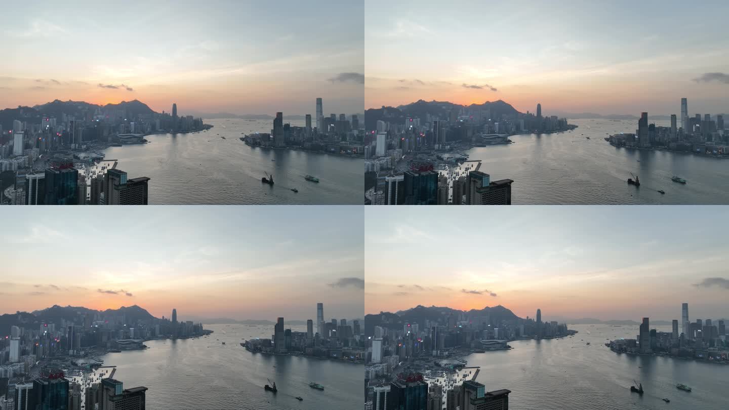 香港大景航拍维多利亚港太平山日落海湾风光