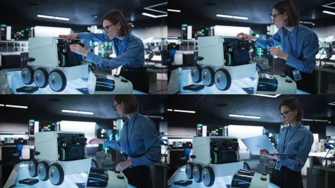 一位女工程师在开发遥控送货机器人时使用笔记本电脑的肖像。拥有现代化设备的高科技研究实验室的技术专家