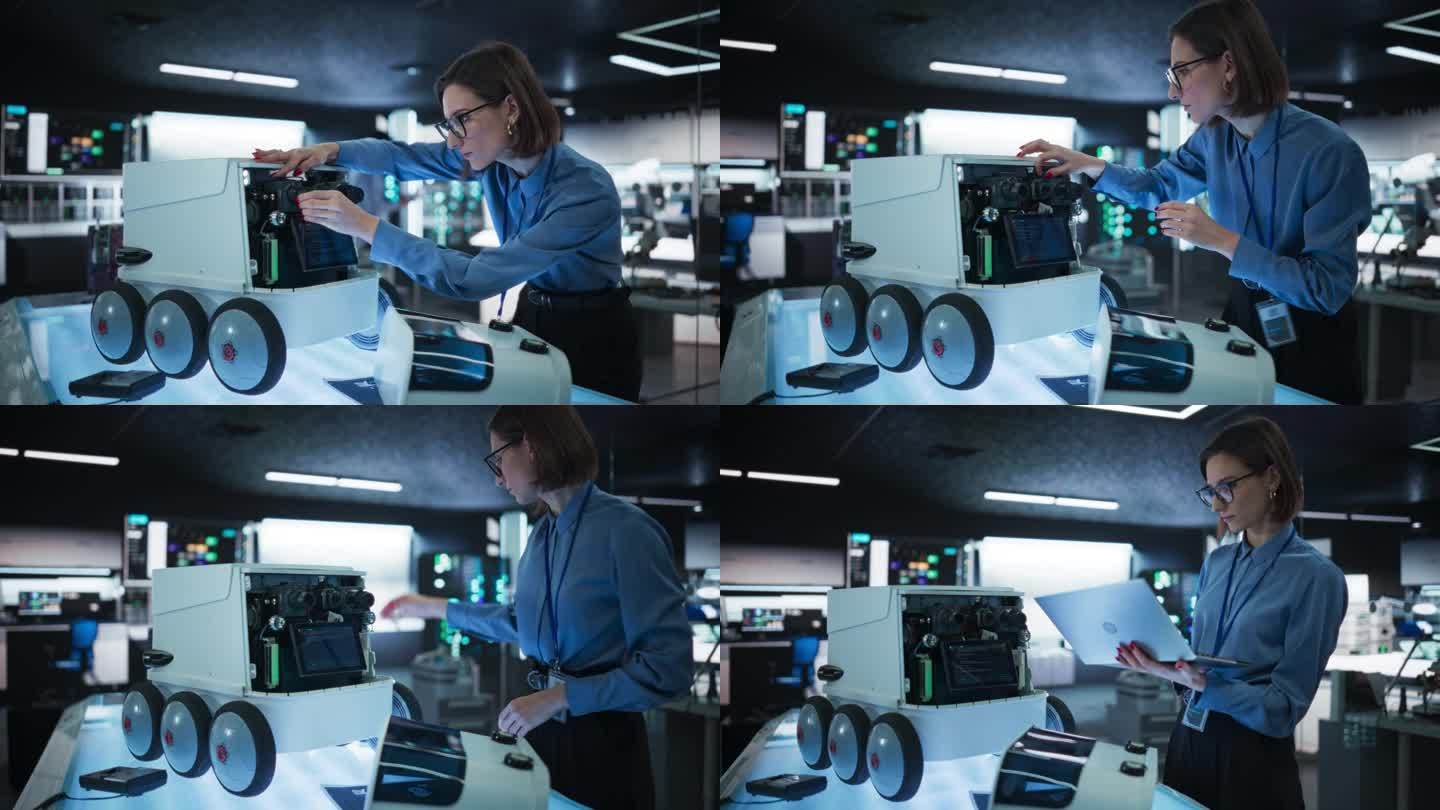 一位女工程师在开发遥控送货机器人时使用笔记本电脑的肖像。拥有现代化设备的高科技研究实验室的技术专家