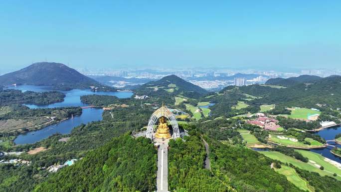 航拍深圳旅游华侨城大华兴寺四面观音佛像