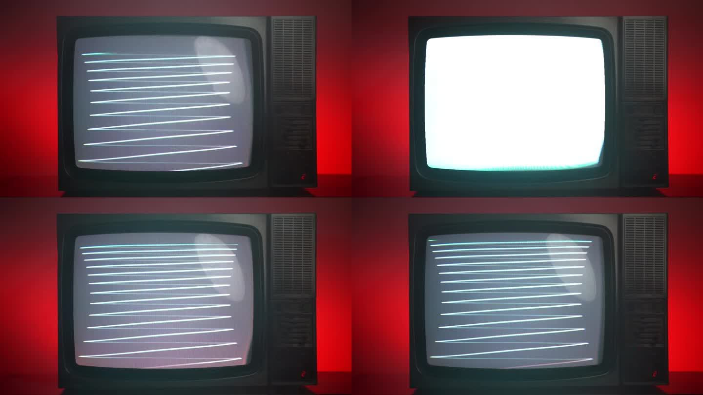 红色背景下闪烁的老式电视，因为卫星信号不好而产生的横条纹，新闻媒体传输中断的老式电视，打破了复古电视