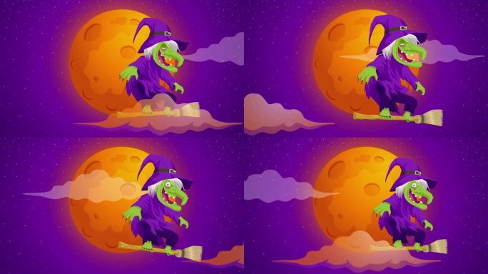 一个丑陋而可怕的女巫骑着扫帚在夜空中翱翔的卡通动画