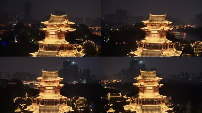 湖南省衡阳市东洲岛夫子楼夜景航拍