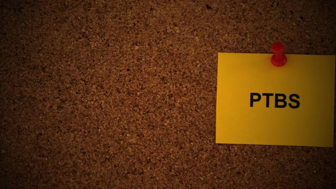 一张黄色的纸条，上面写着缩写PTBS——创伤后应激障碍(德语)，别在一块软木板上