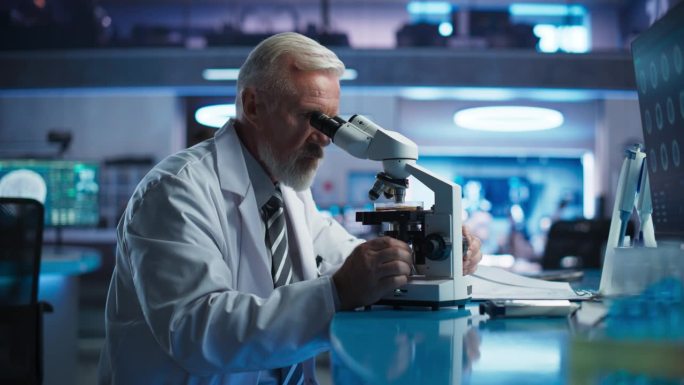 医学发展实验室:资深白人男性科学家使用显微镜，分析培养皿样品。大型制药实验室进行生物技术研究，开发创