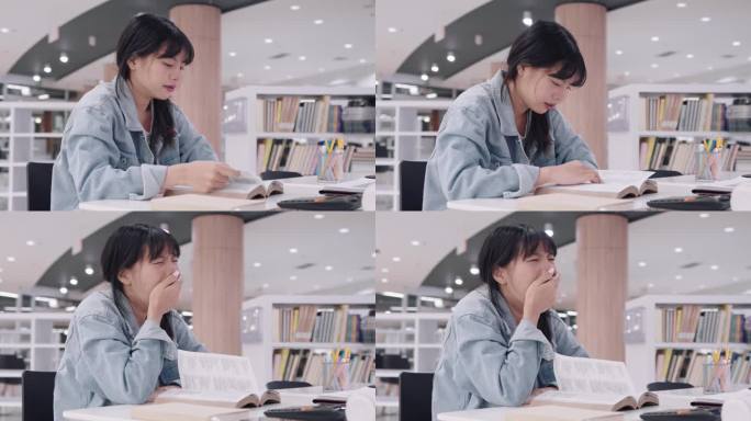 年轻的亚洲女大学生们在大学图书馆里温文尔雅地读书，昏昏欲睡，最后进入了梦乡。传达学习的宁静时刻和偶尔