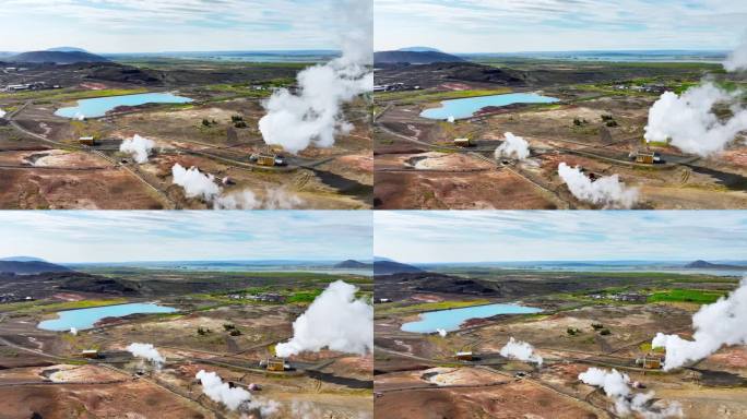 现代地热能发电厂工作，工厂工作与烟雾，位于风景如画的冰岛火山景观。