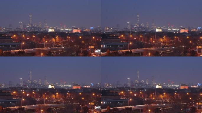 实拍北京城市夜景钟鼓楼和国贸