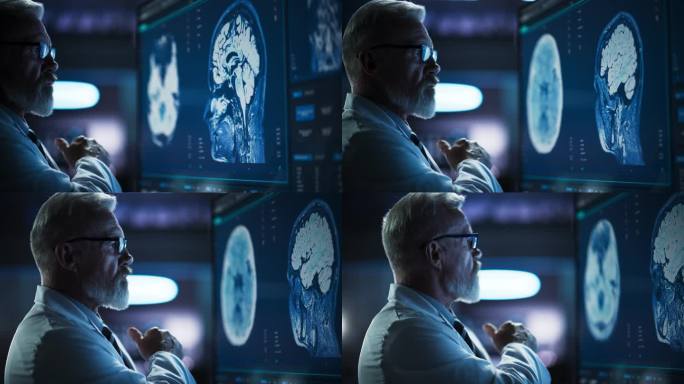 医学研究中心:白人男性的特写:神经学家、神经科学家、神经外科医生，看着电视屏幕上的大脑MRI扫描图像