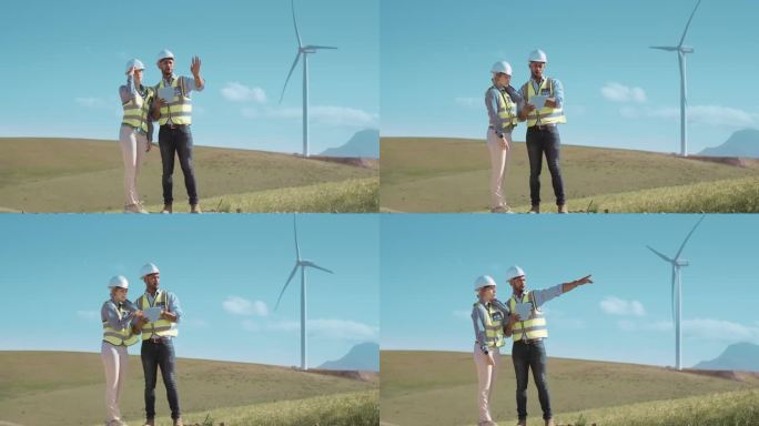 工程人员，风车和平板电脑实地考察，团队合作和规划可再生能源或农业。拥有风力涡轮机、数据和可持续性数字