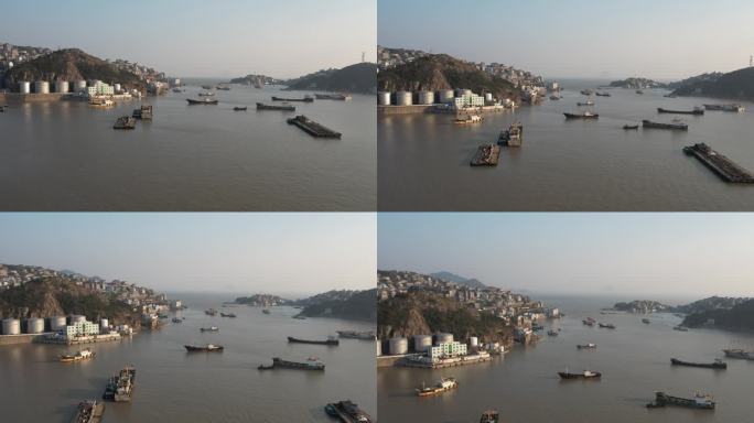 清晨大海港口航拍渔船东海