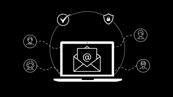 电子邮件营销概念动画与笔记本电脑和打开信封与客户档案目标。从笔记本电脑屏幕发送安全电子邮件。轮廓设计