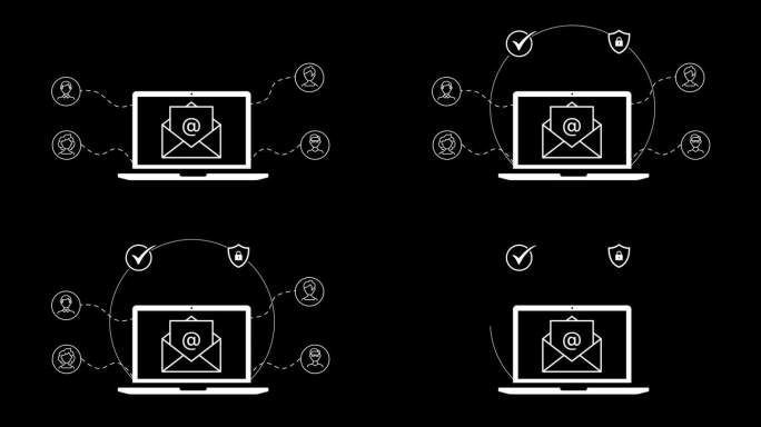 电子邮件营销概念动画与笔记本电脑和打开信封与客户档案目标。从笔记本电脑屏幕发送安全电子邮件。轮廓设计