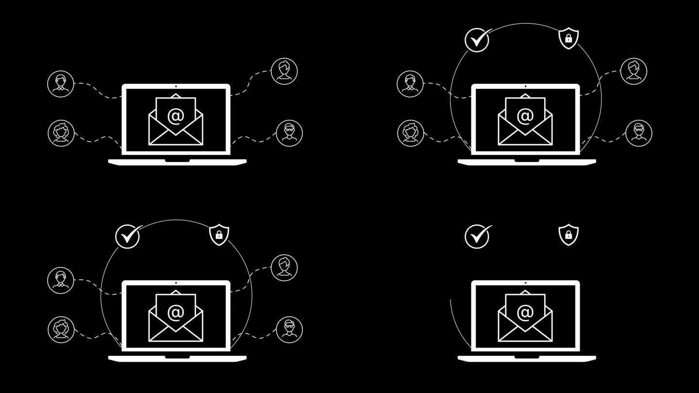 电子邮件营销概念动画与笔记本电脑和打开信封与客户档案目标。从笔记本电脑屏幕发送安全电子邮件。轮廓设计