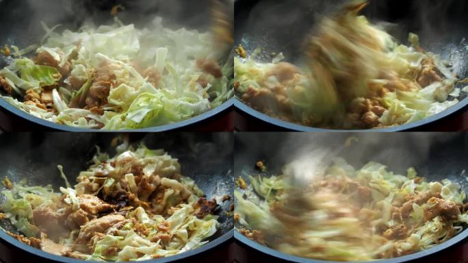在锅里煎碎白菜和碎鸡
