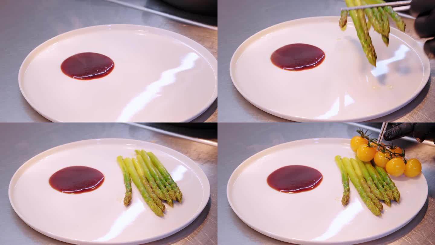 厨师在餐厅用白盘制作盘子的特写视频