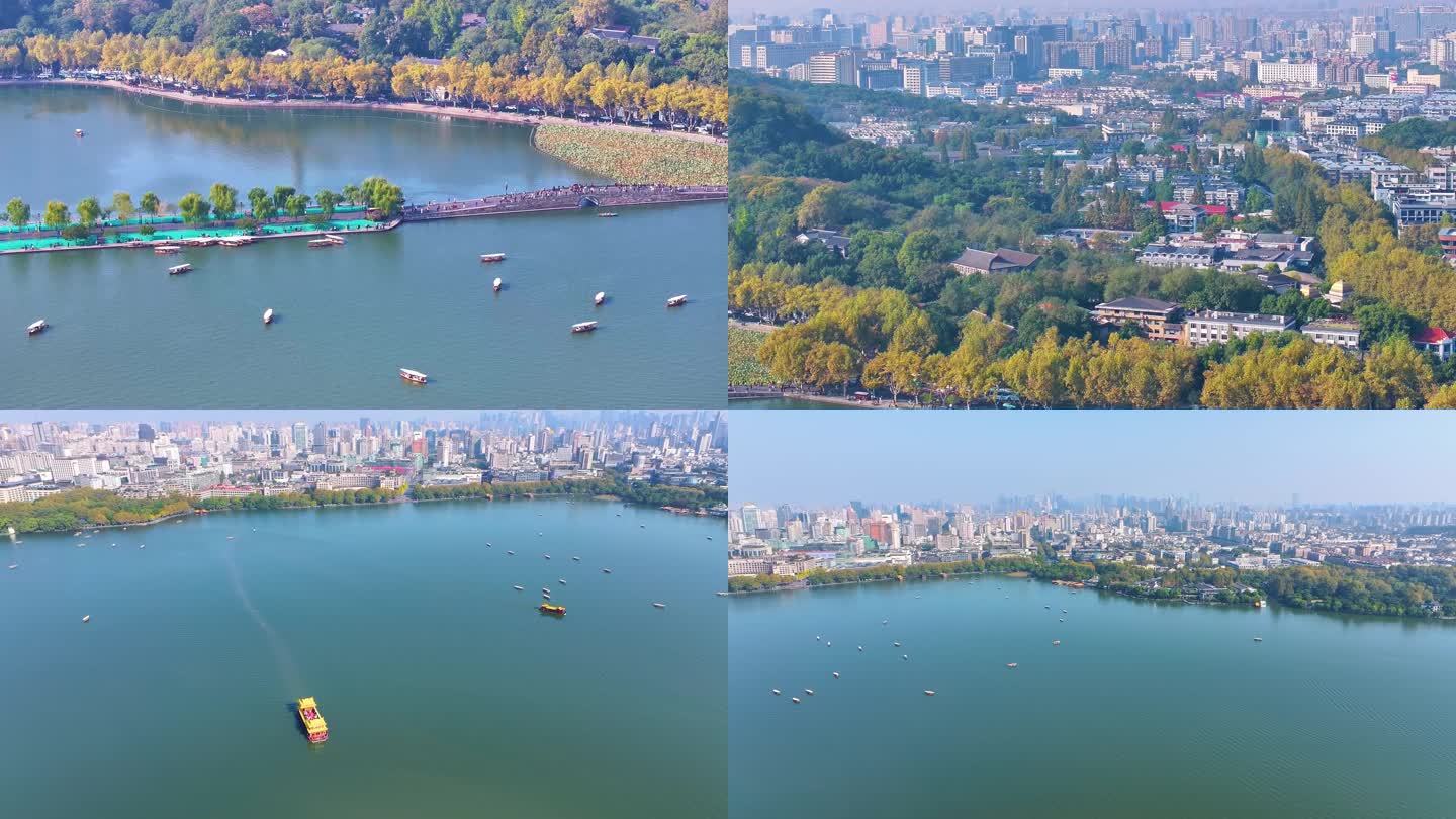 浙江杭州西湖景区大景全景游船船舶航拍风景