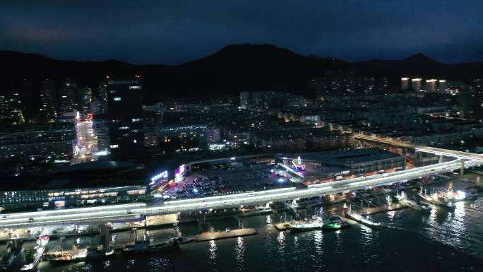 航拍沈家门渔港国际水产城夜景灯光亮化4K