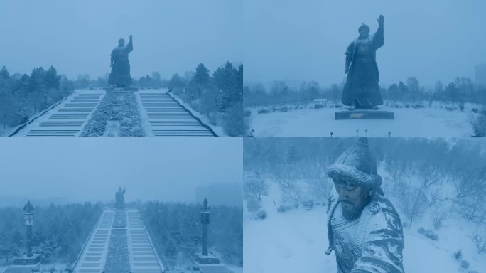 成吉思汗公园雕塑下雪航拍