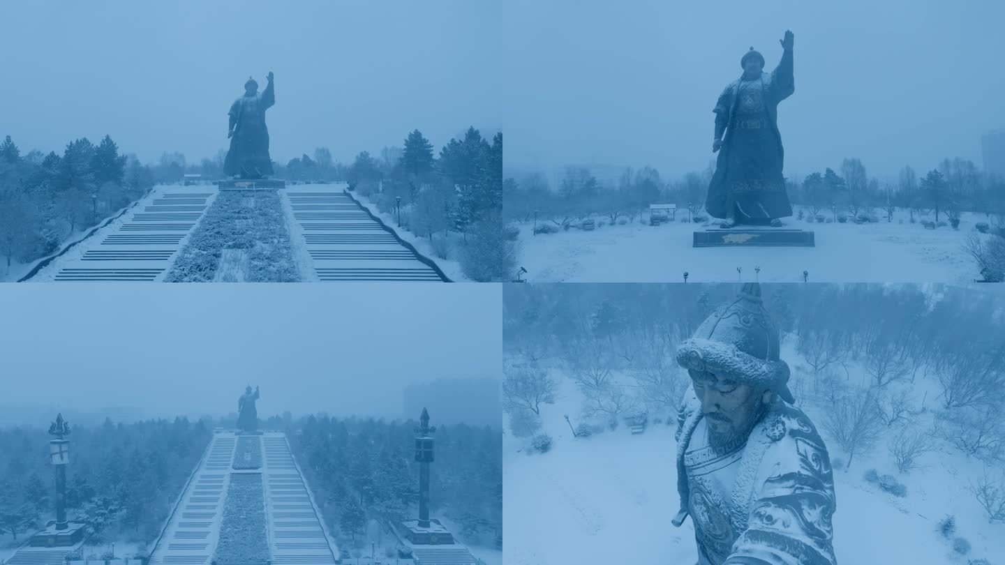成吉思汗公园雕塑下雪航拍