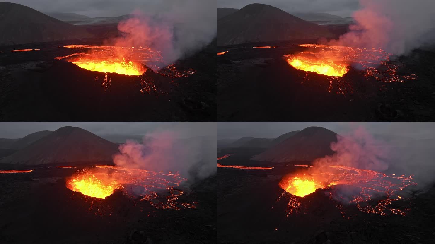 火山喷发，炽热的熔岩从地面喷出，无人机飞过活跃的火山口