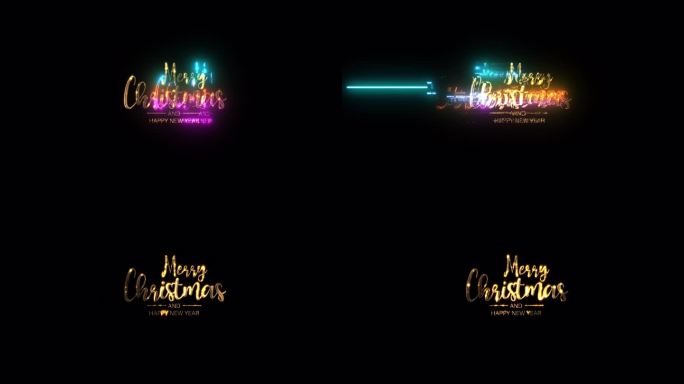 圣诞快乐，新年快乐金色文字与光运动故障网络朋克效果动画抽象背景。隔离与alpha通道Prores 4