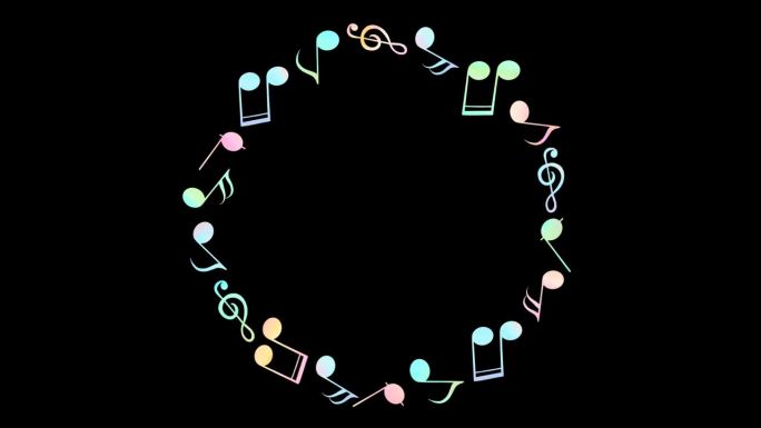 一个由不停旋转的音符组成的圆形花环的循环动画。
