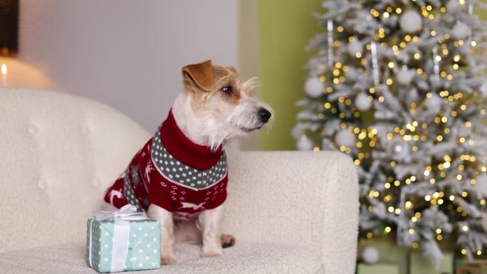 一只拿着礼物的狗坐在沙发上。宠物穿着红色毛衣，还有鹿。杰克罗素梗在新年装饰的房子里欢迎客人。圣诞假期
