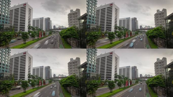 风暴天空的一天时间雅加达市中心的交通街道道路顶部全景4k延时印尼