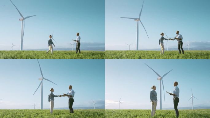 工程人员，握手和风力涡轮机会议，现场检查可再生能源和可持续性。行业经理与环保交易、风车电力和清单握手