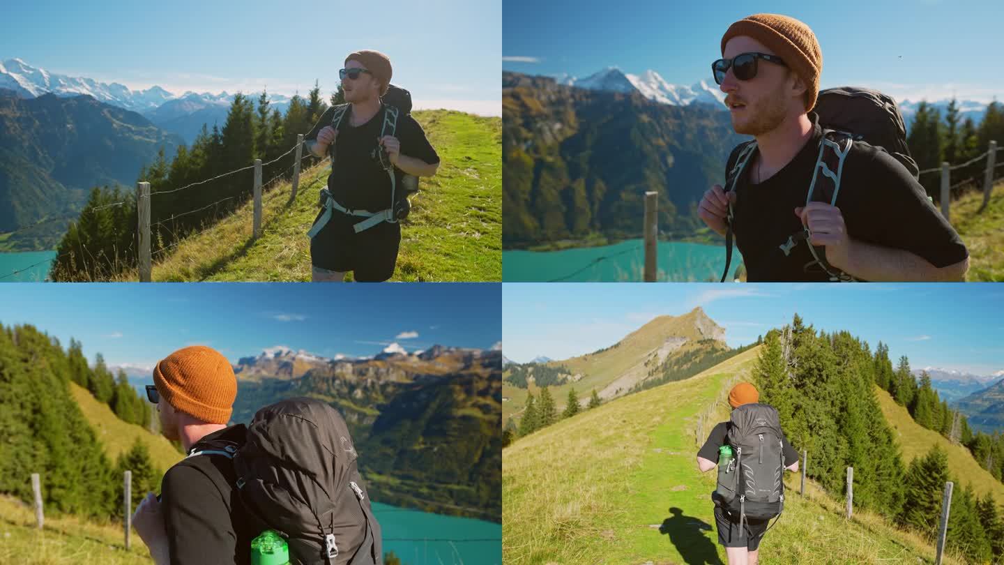 一名男子在瑞士阿尔卑斯山的因特拉肯徒步旅行