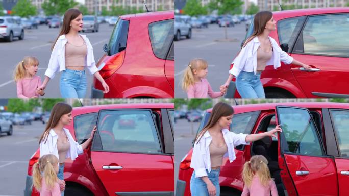 微笑的女人牵着小女孩的手在停车场向汽车走去。孩子坐在后座的汽车座椅上。家庭、交通、出行、安全、亲子观