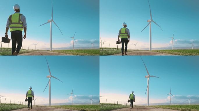 步行，风力涡轮机农场和维修人员，可再生能源和电力的可持续性。农村、农业及后方人员进行环保发电、检修