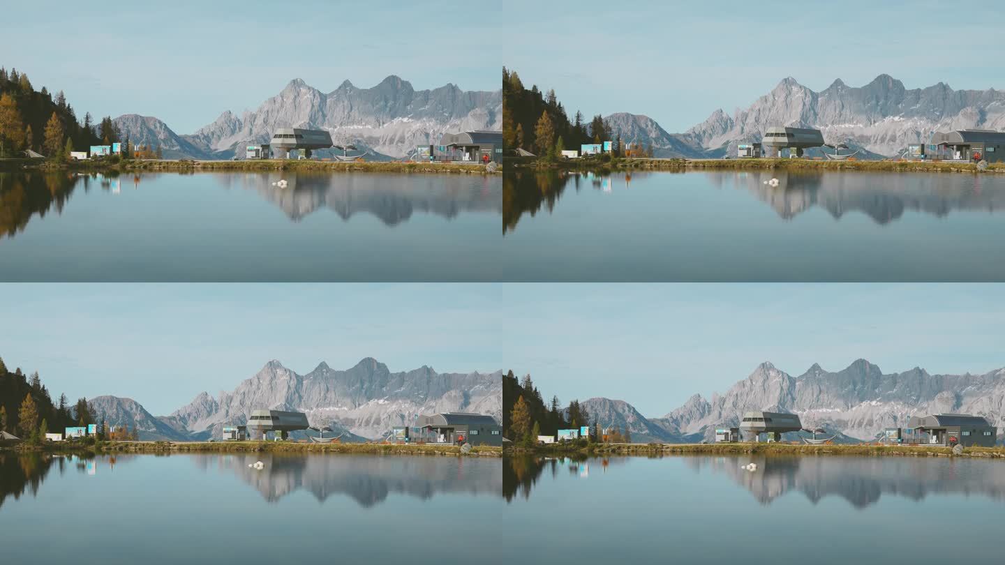 宁静的风景缆车在湖的另一边在欧洲阿尔卑斯山