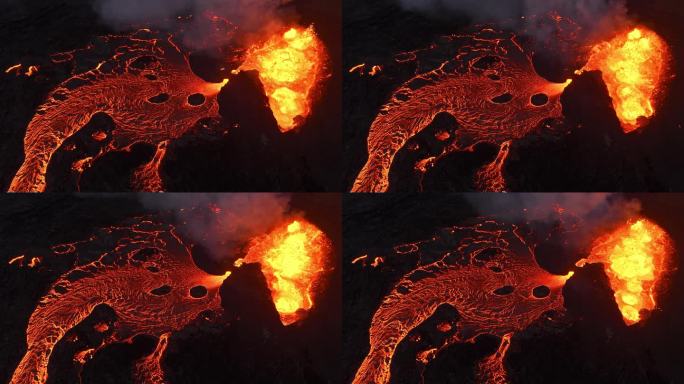 火山喷发，炽热的熔岩从地面喷出，无人机飞过活跃的火山口