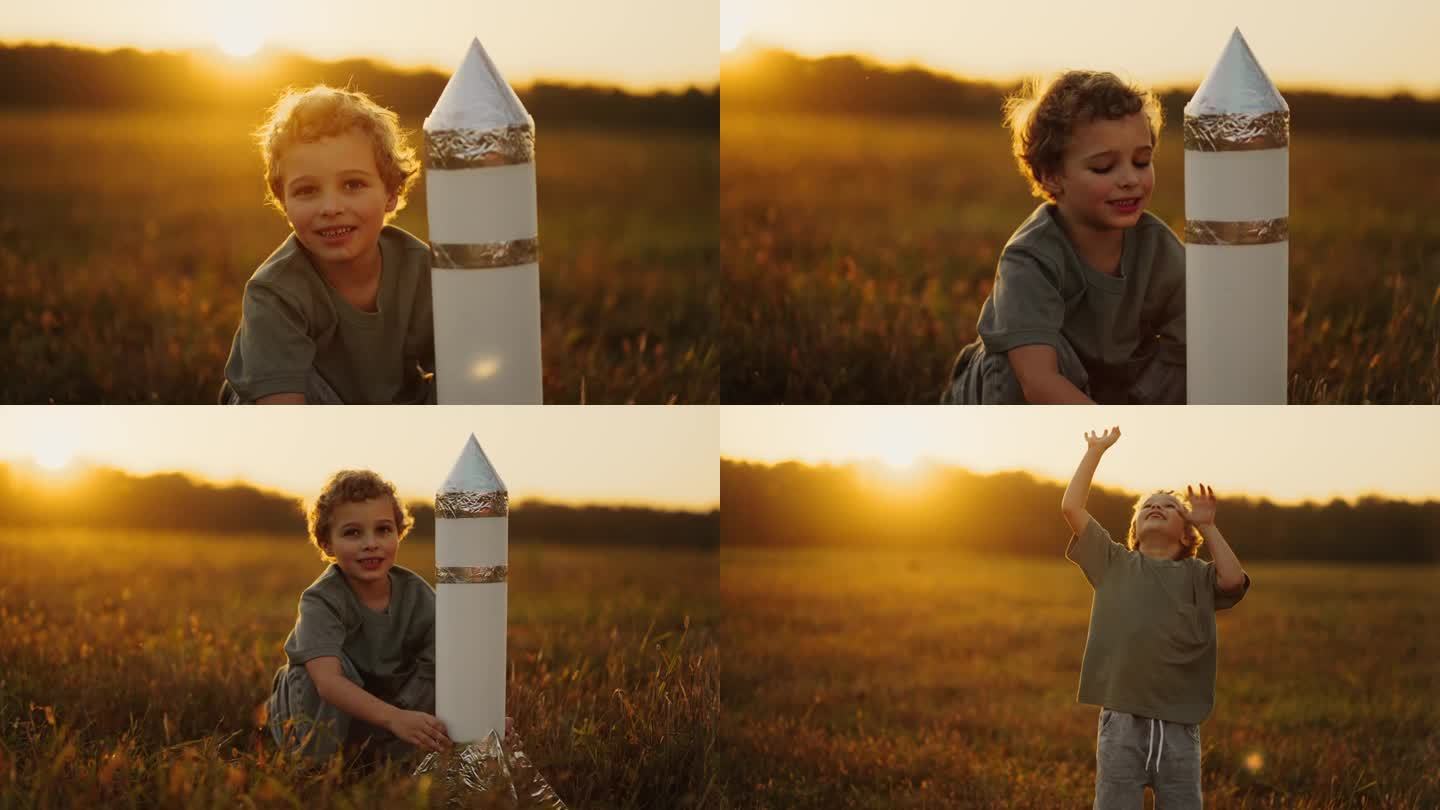 夏天，快乐的小男孩在田野里玩玩具火箭，孩子笑着笑着