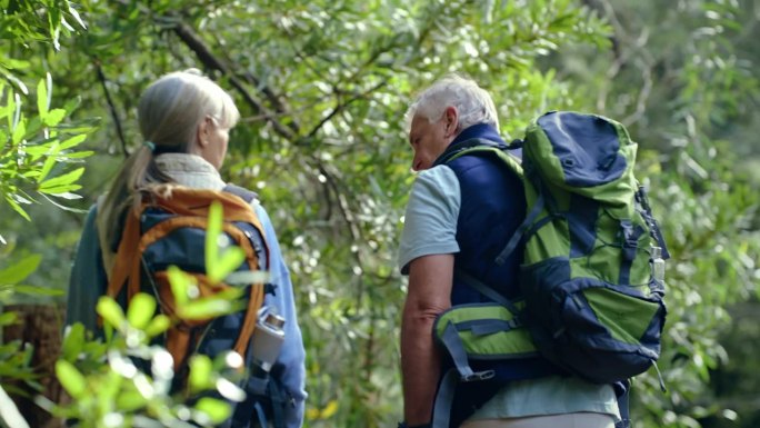 放松，远足和老夫妇在大自然中冒险，旅行和度假。健身、退休、和平与老年男女在森林徒步，背包和健康在一起