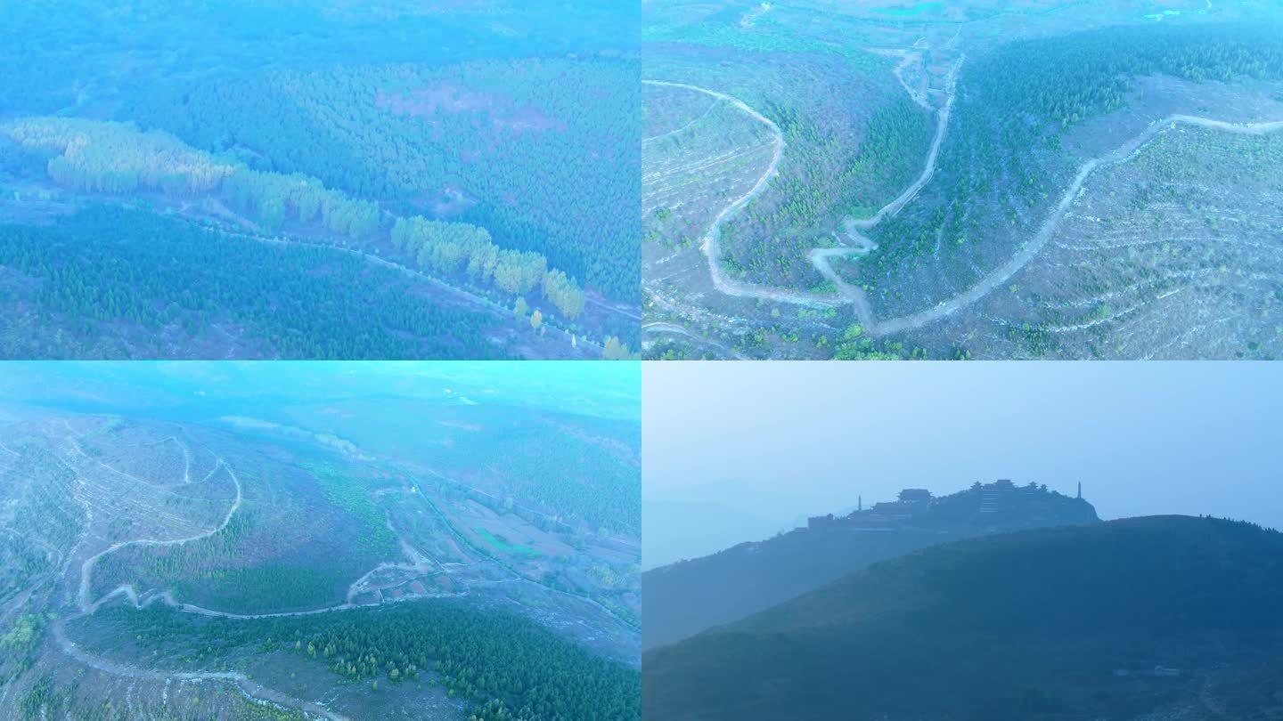 航拍枣庄凤凰绿道横山口连绵起伏的群山