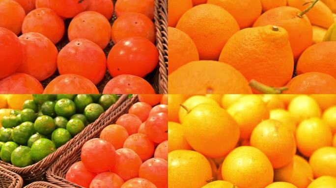 各类水果展示，超市水果货架，打称计量价签