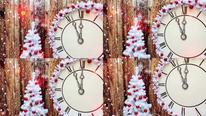 时钟拨号与罗马数字在圣诞节的背景。新年倒计时。十二点差五分钟。白色的新年树和红色的球。午夜倒计时