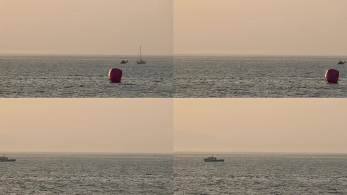 缓慢的摇摄镜头，船只停泊在海上，等待航展在艾尔海滩开始